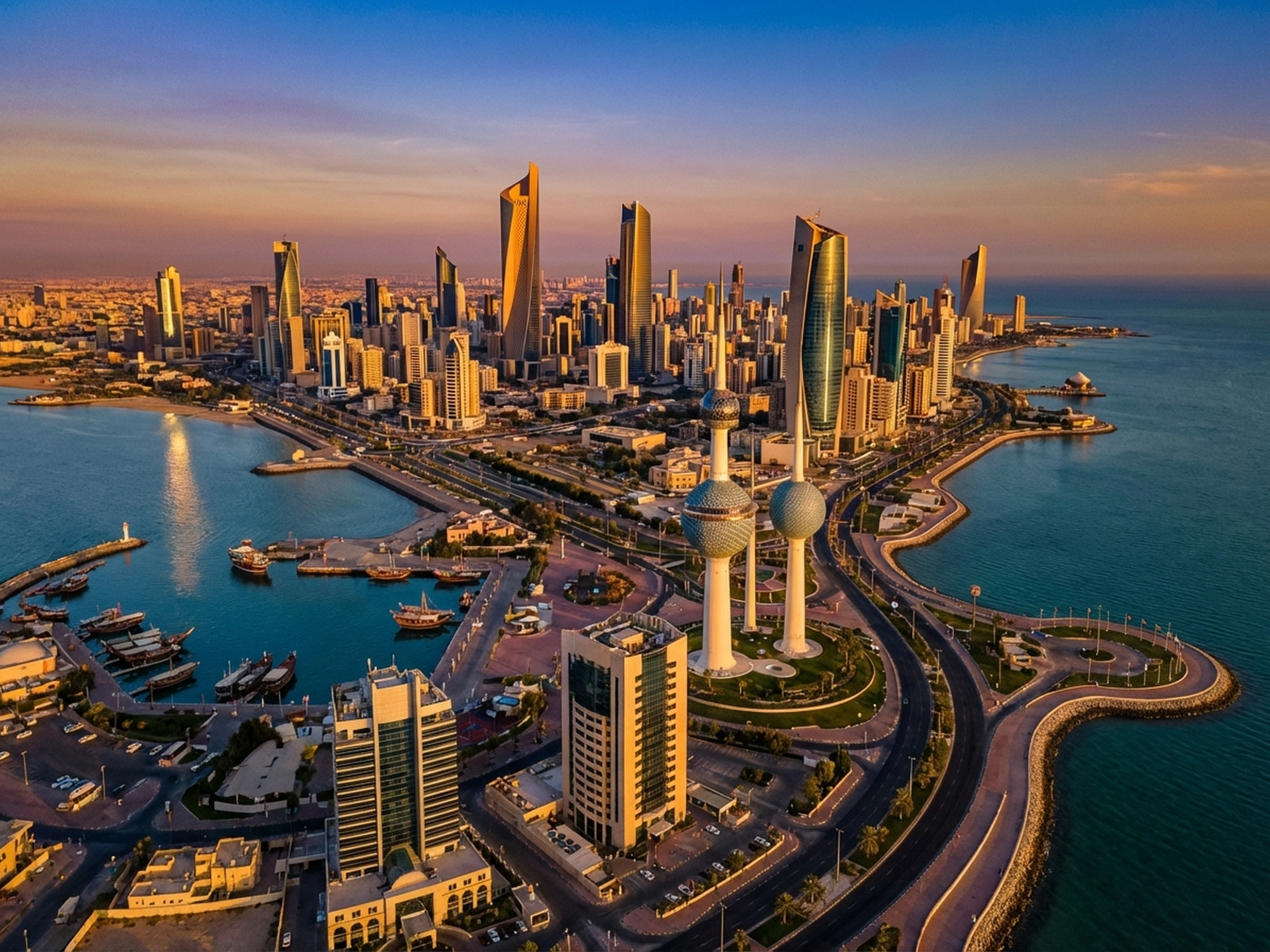 Panoramic aerial view of Kuwait skyline at golden hour