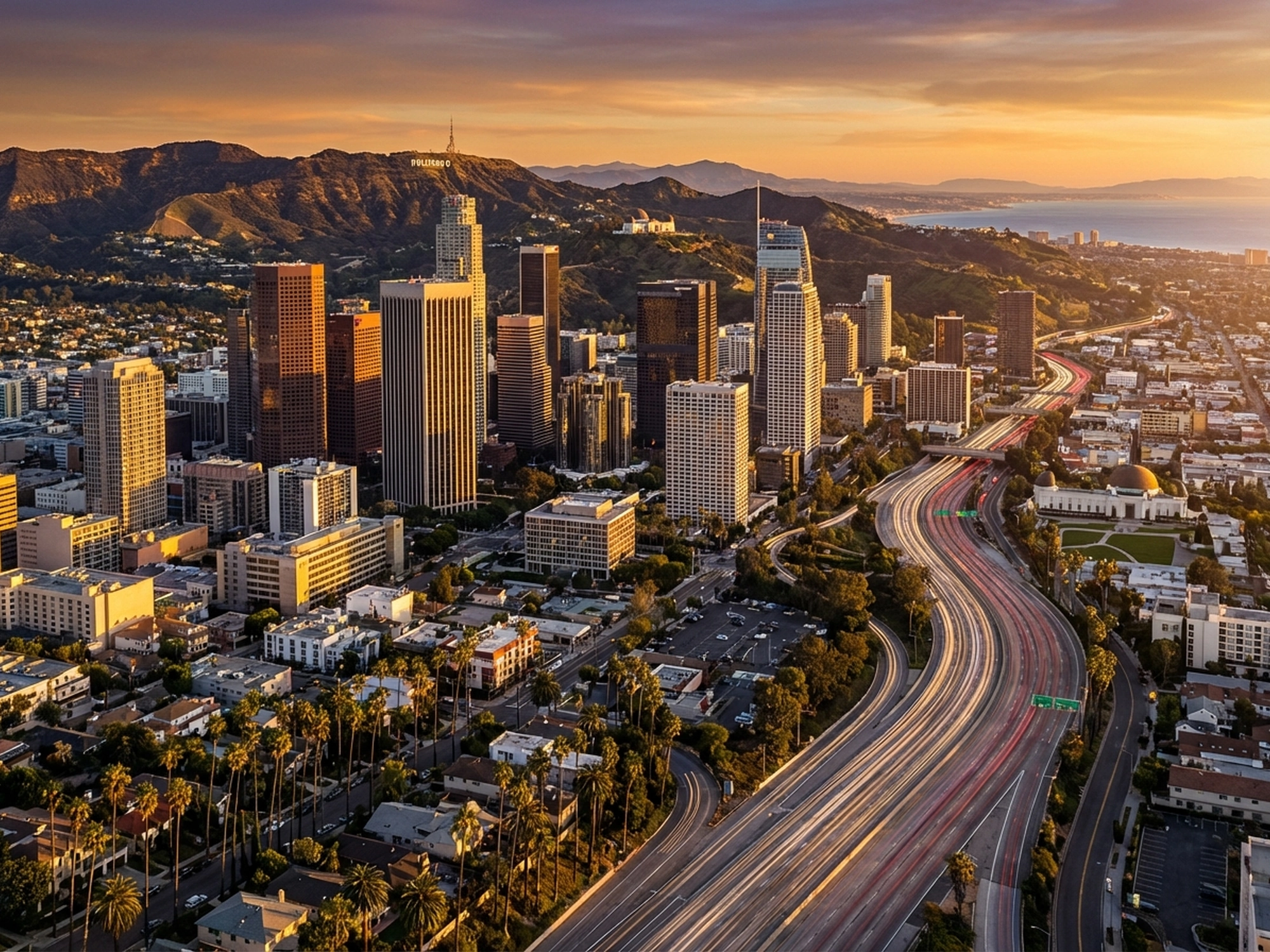 Panoramic aerial view of Los Angeles skyline at golden hour