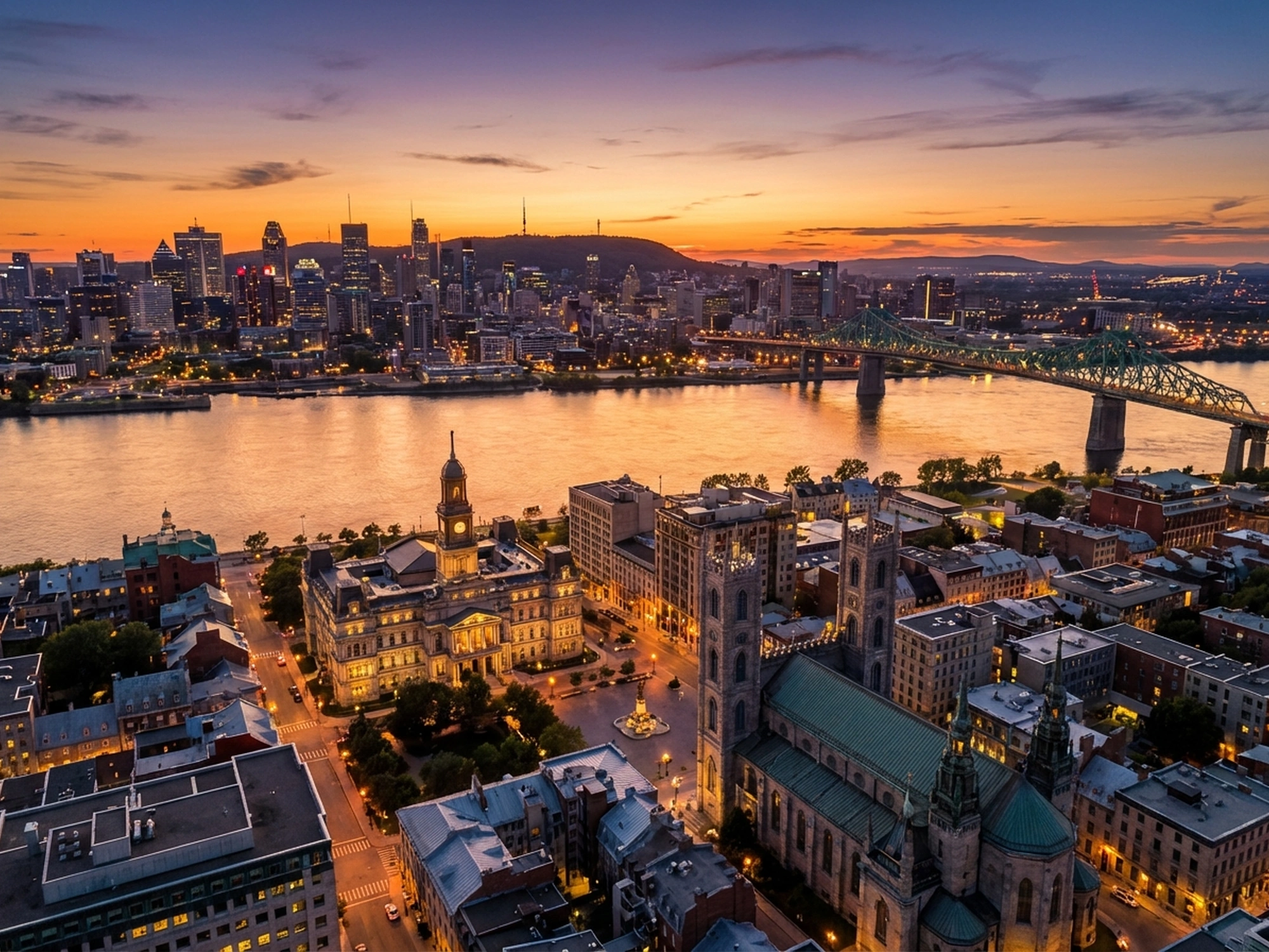 Panoramic aerial view of Montreal skyline at golden hour