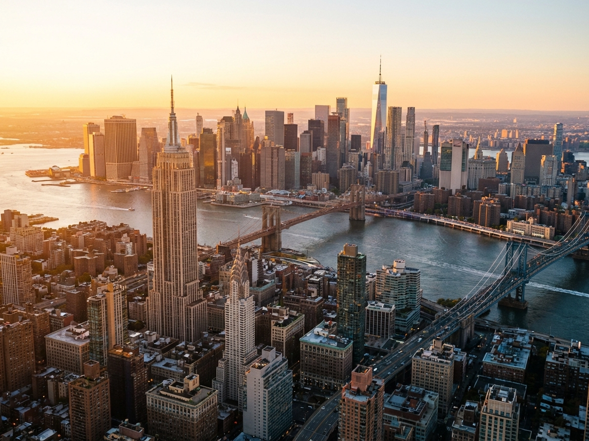 Panoramic aerial view of New York skyline at golden hour