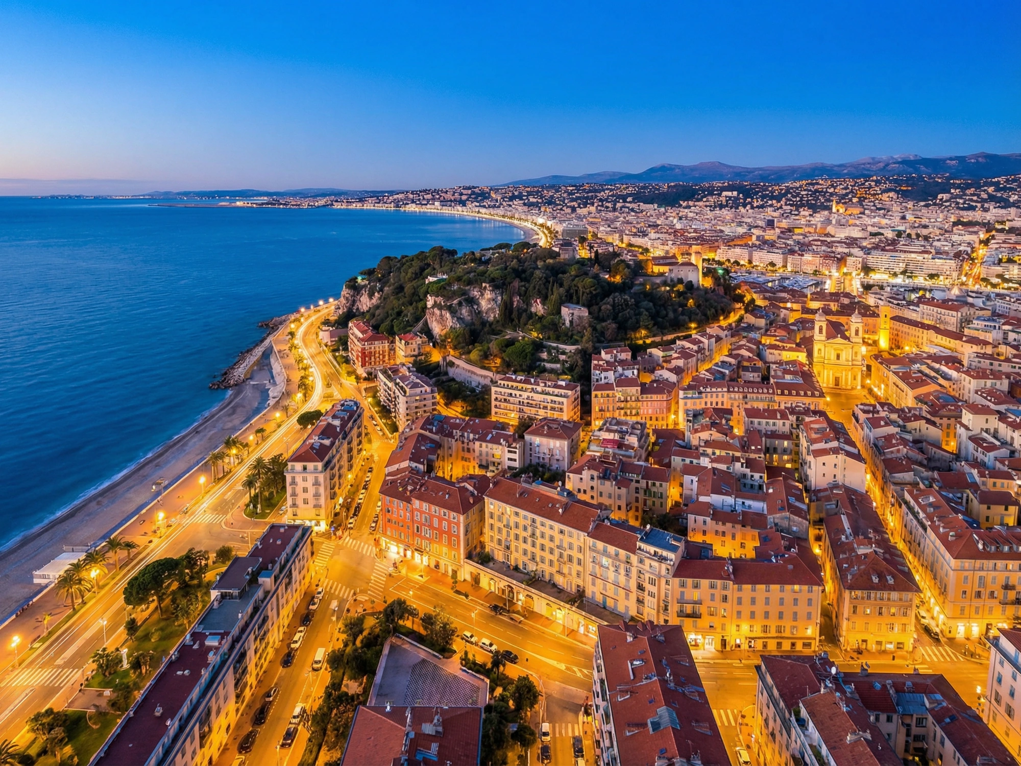 Panoramic aerial view of Nice skyline at golden hour