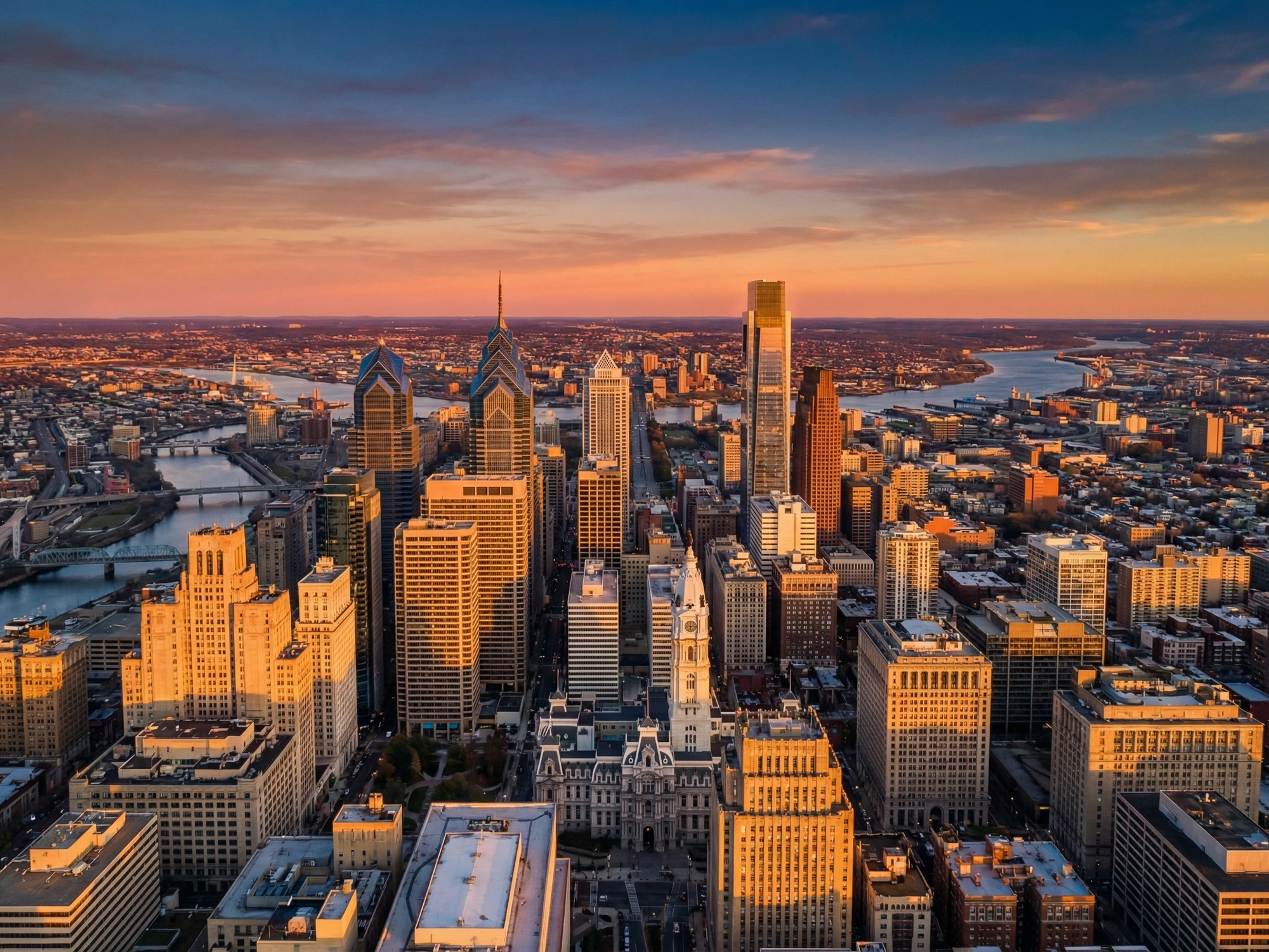 Panoramic aerial view of Philadelphia skyline at golden hour