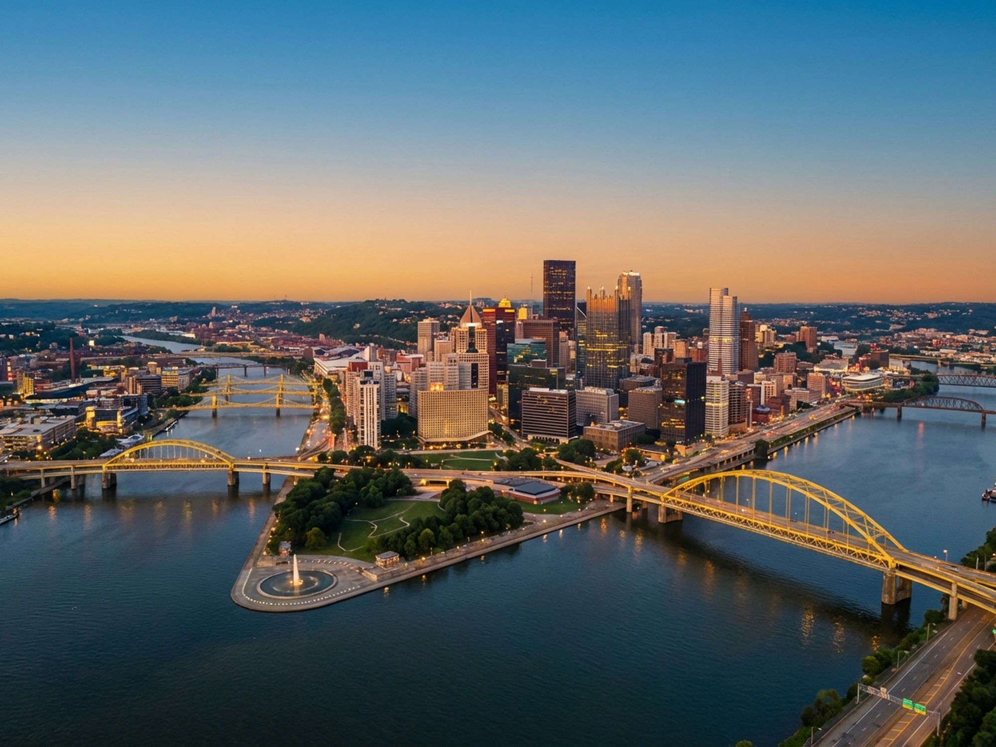 Panoramic aerial view of Pittsburgh skyline at golden hour