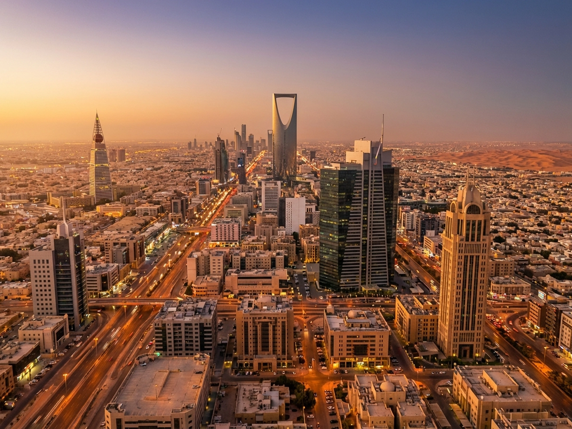 Panoramic aerial view of Riyadh skyline at golden hour