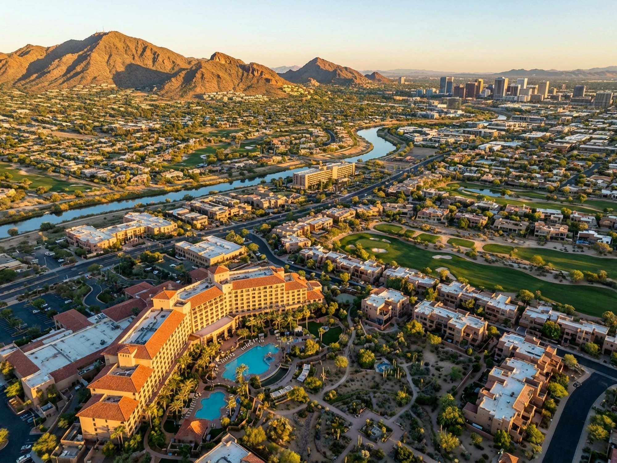 Panoramic aerial view of Scottsdale skyline at golden hour