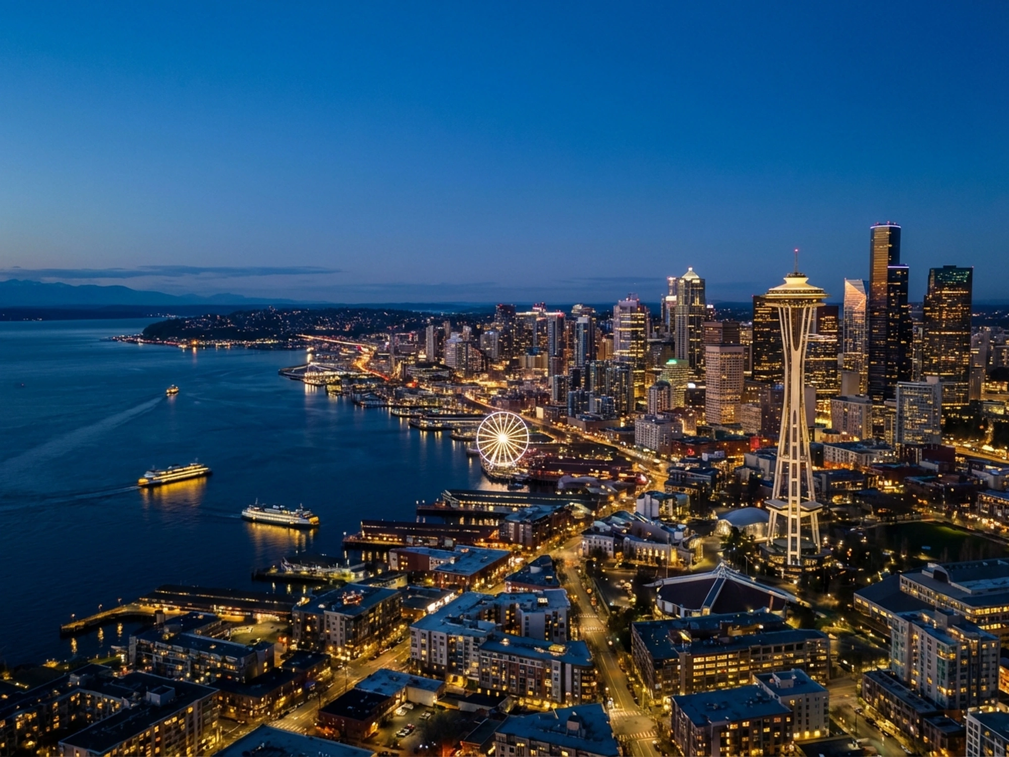 Panoramic aerial view of Seattle skyline at golden hour