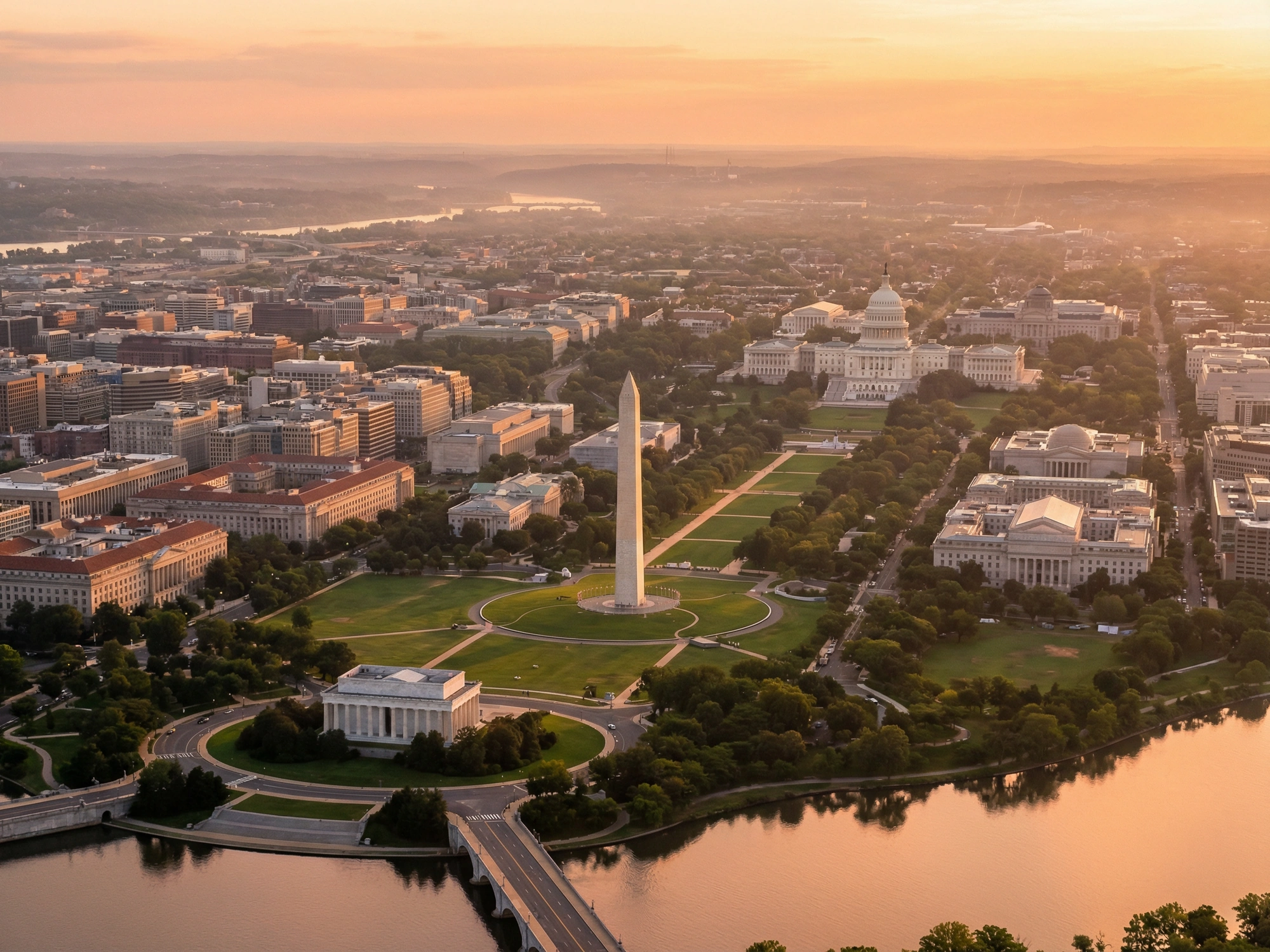 Panoramic aerial view of Washington D.C. skyline at golden hour