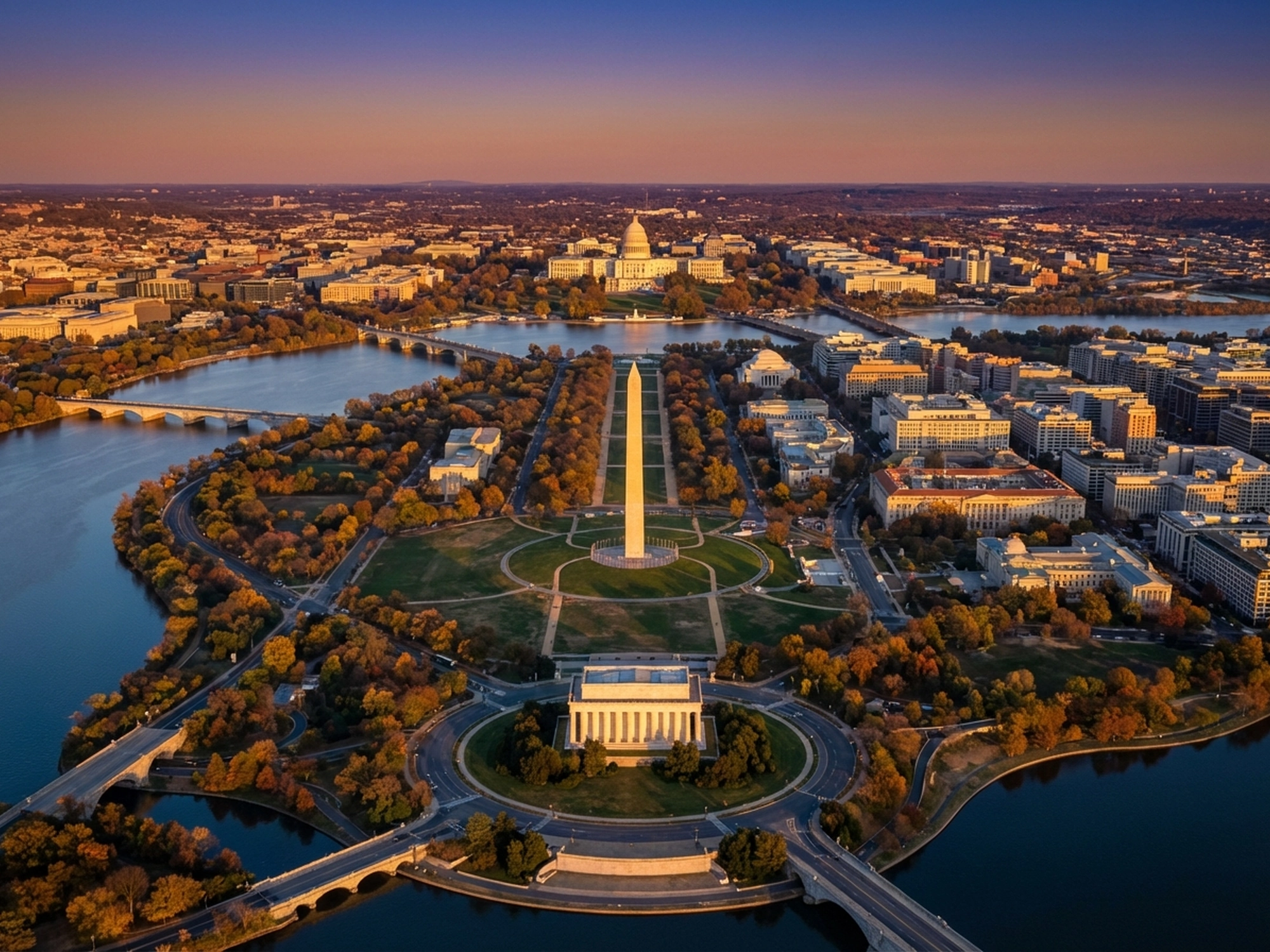 Panoramic aerial view of Washington skyline at golden hour