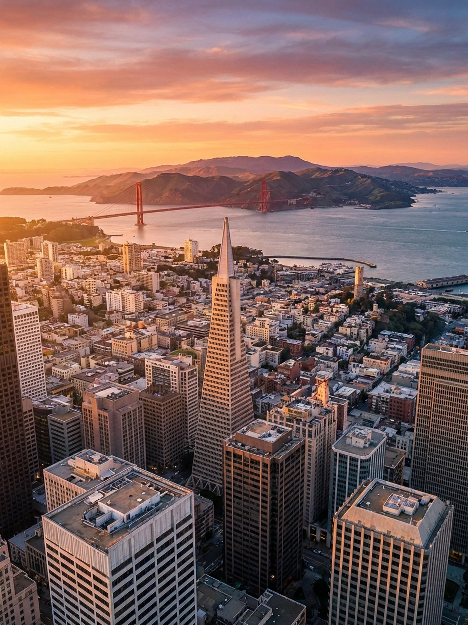 Panoramic cityscape view of San Francisco at sunset
