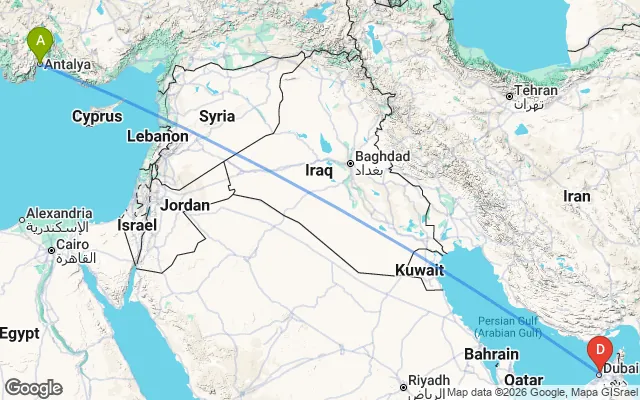 Flight path from Antalya to Dubai