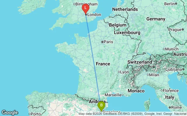 Flight path from Barcelona to London