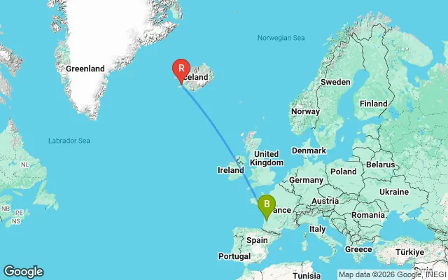 Flight path from Bordeaux to Reykjavik