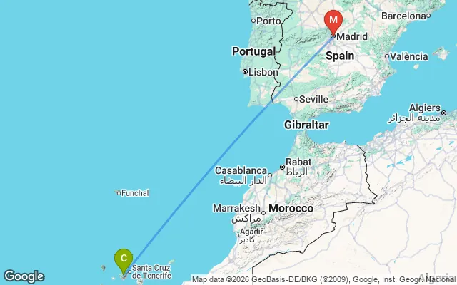 Flight path from Canary Islands to Madrid