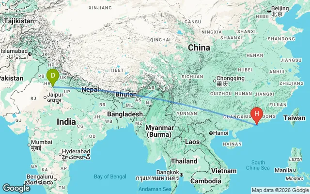 Flight path from Delhi to Hong Kong