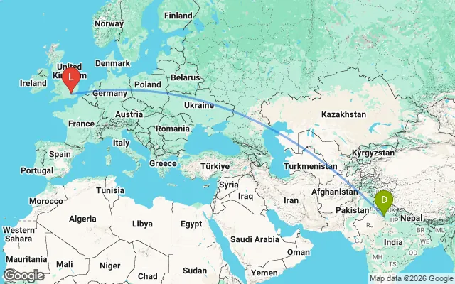 Flight path from Delhi to London