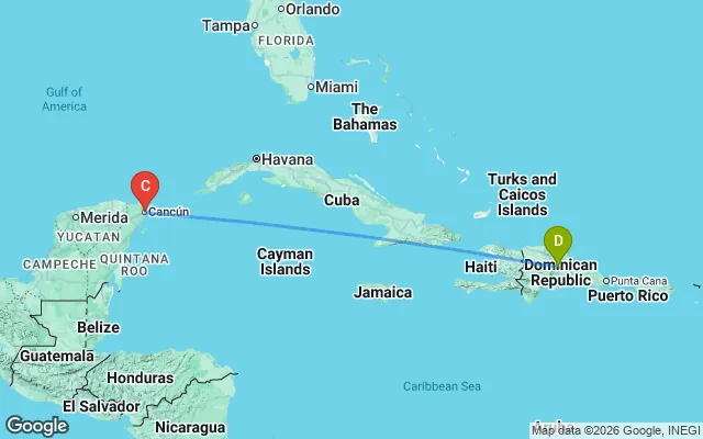 Flight path from Dominican Republic to Cancun