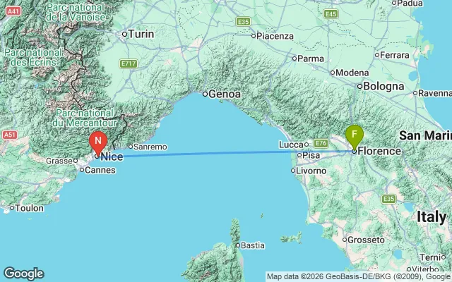 Flight path from Florence to Nice