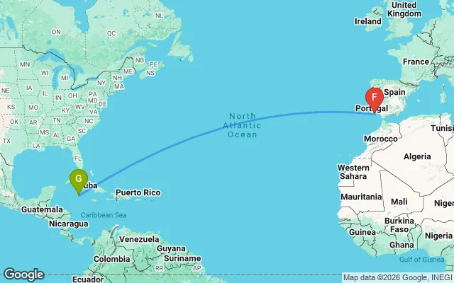 Flight path from Grand Cayman to Faro