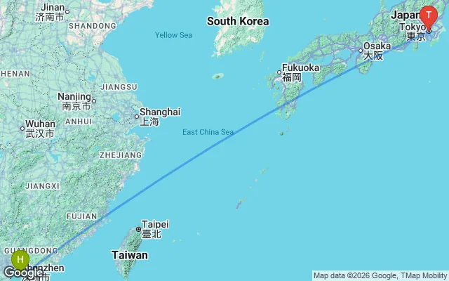 Flight path from Hong Kong to Tokyo