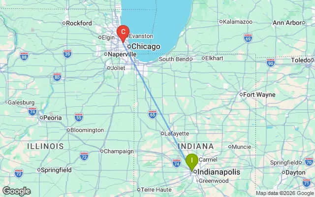 Flight path from Indianapolis to Chicago