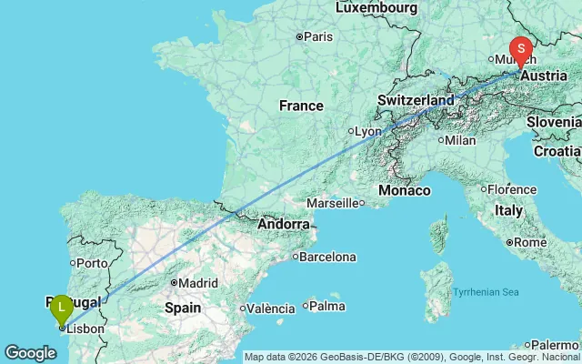 Flight path from Lisbon to Salzburg