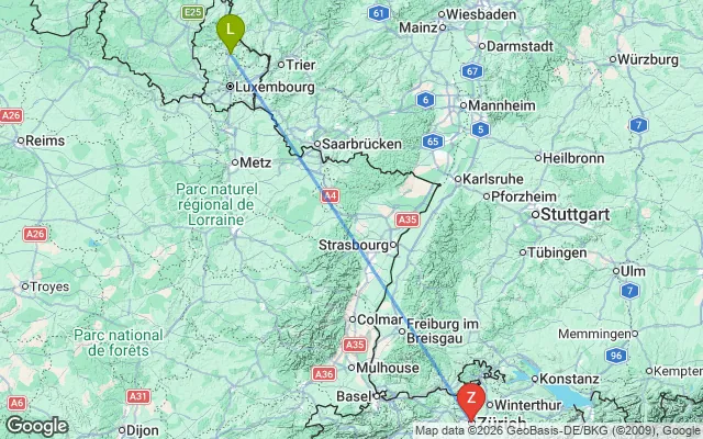 Flight path from Luxembourg to Zurich