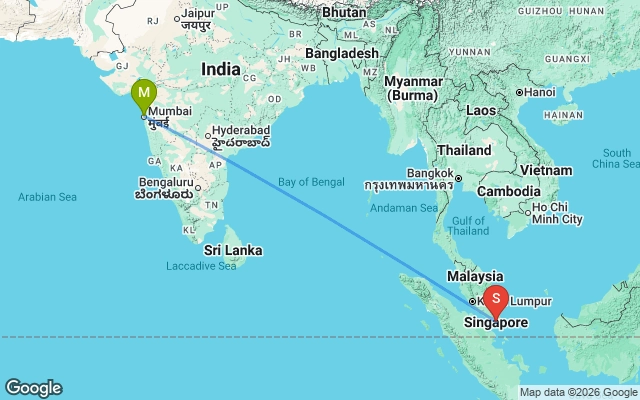 Flight path from Mumbai to Singapore