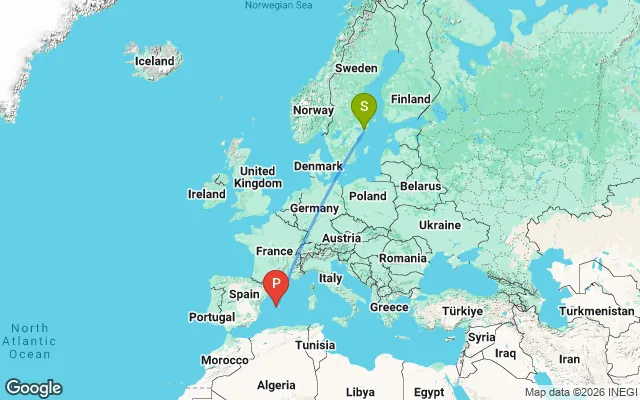 Flight path from Stockholm to Palma De Mallorca