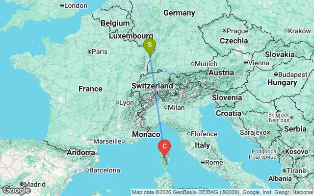 Flight path from Strasbourg to Corse