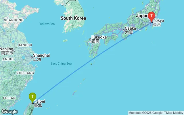 Flight path from Taipei to Tokyo