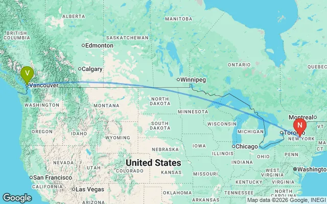 Flight path from Vancouver to New York