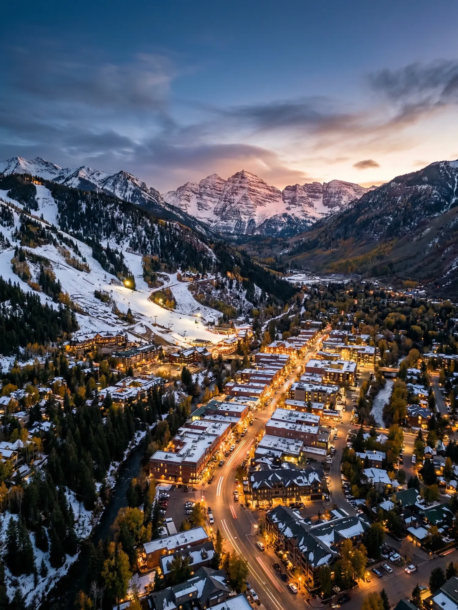 Panoramic aerial view of Aspen skyline at golden hour
