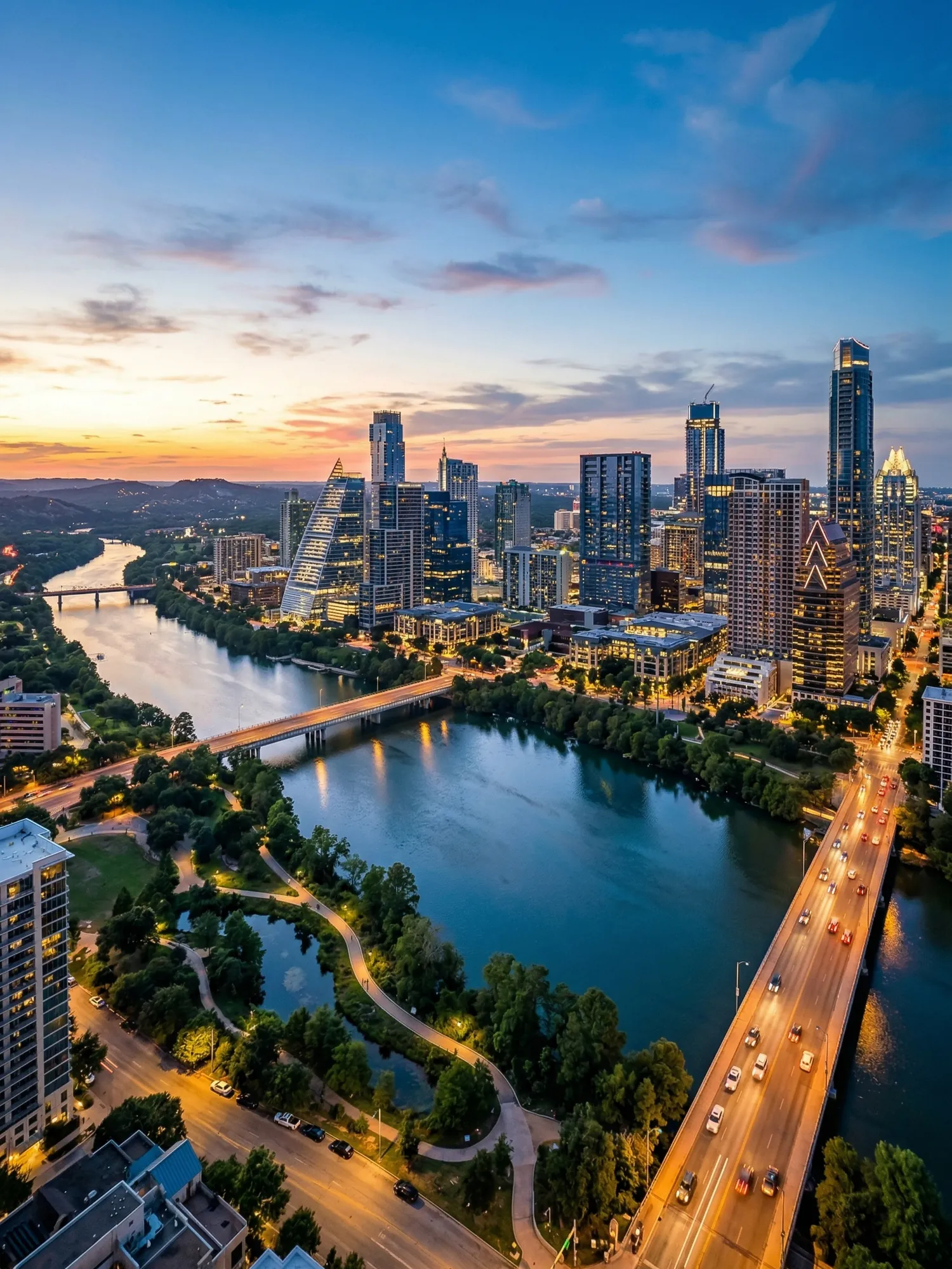 Panoramic aerial view of Austin skyline at golden hour