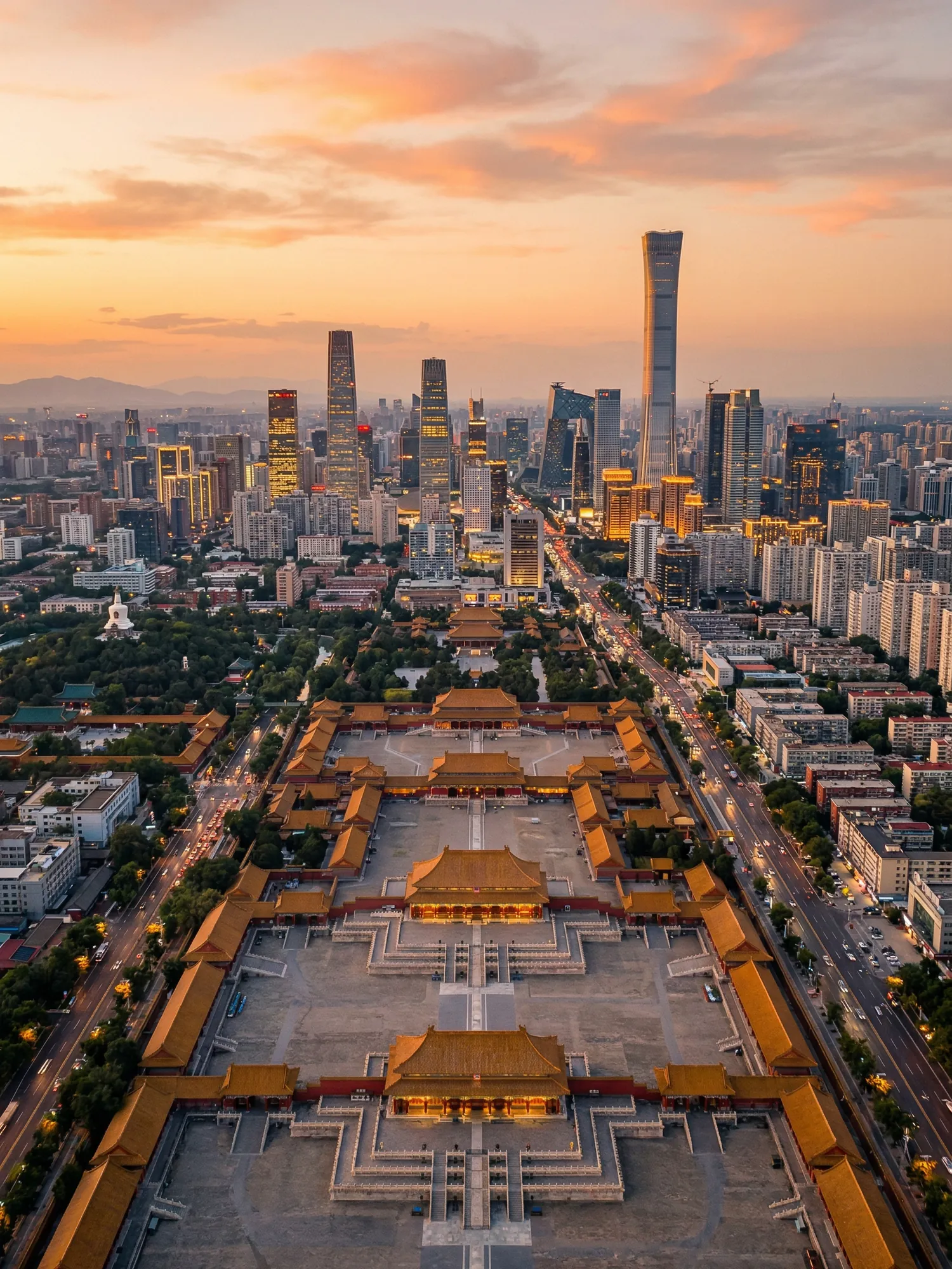 Panoramic aerial view of Beijing skyline at golden hour