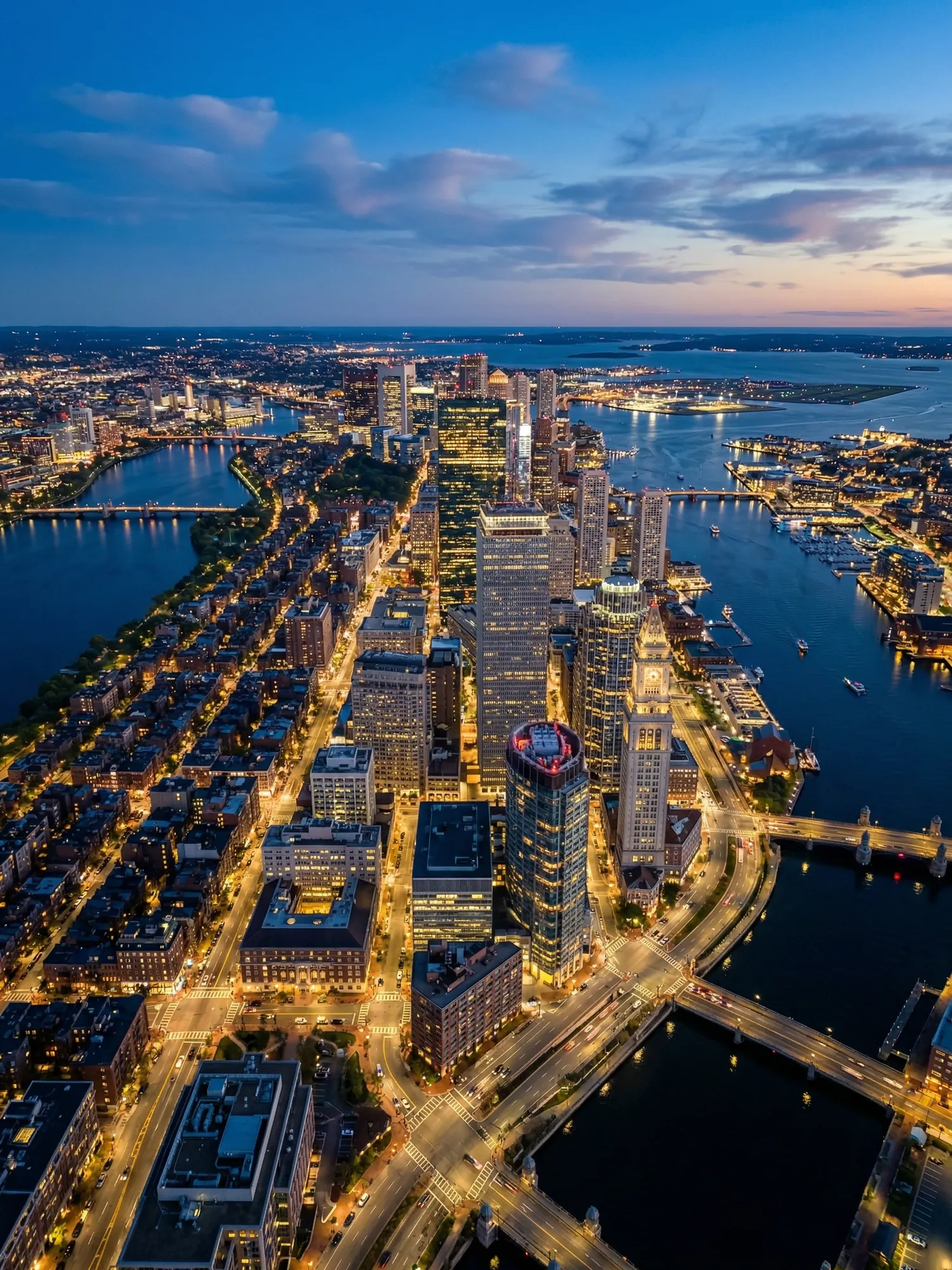 Panoramic aerial view of Boston skyline at golden hour