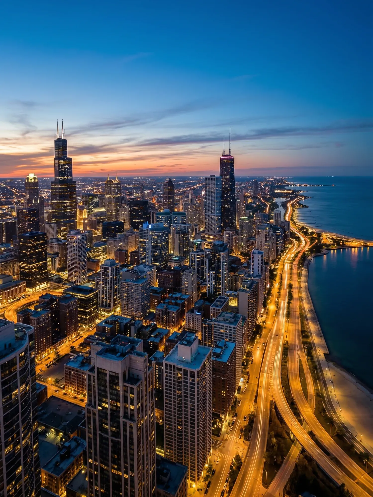 Panoramic aerial view of Chicago skyline at golden hour