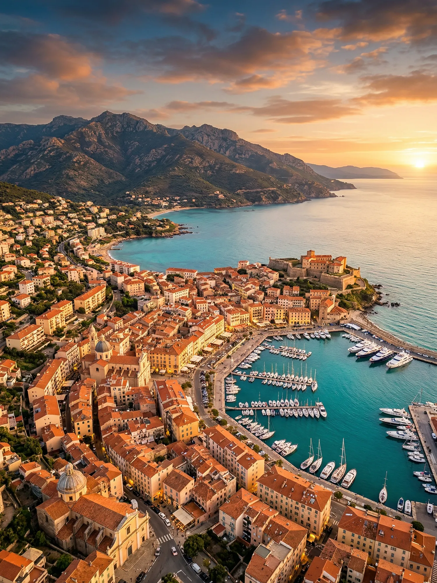 Panoramic aerial view of Corse skyline at golden hour