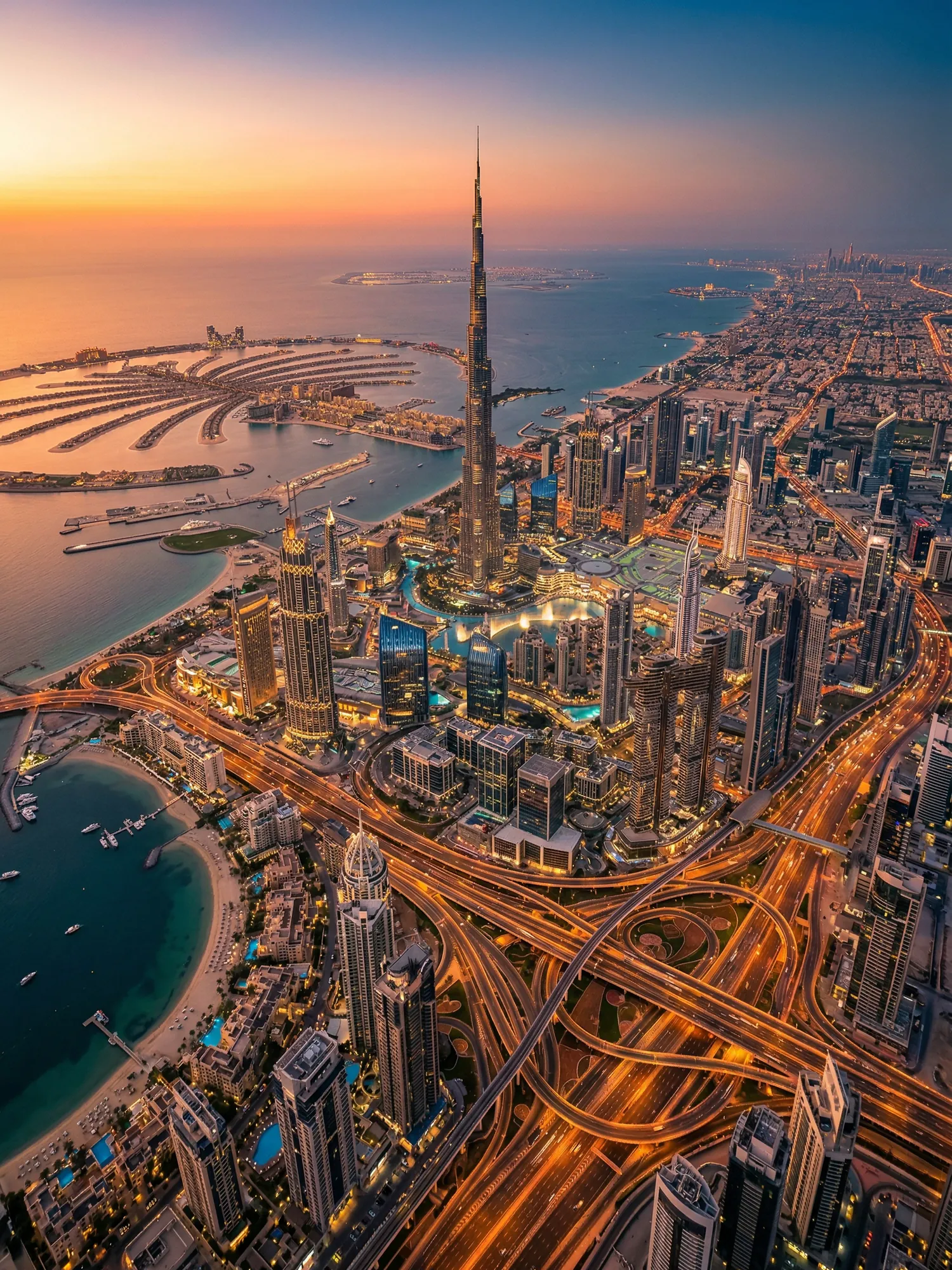Panoramic aerial view of Dubai skyline at golden hour