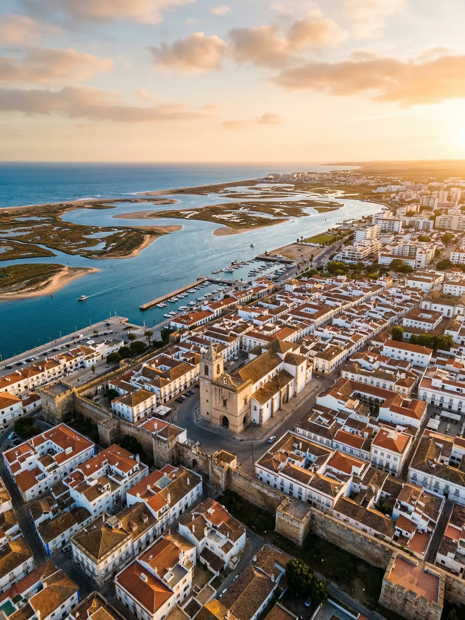 Panoramic aerial view of Faro skyline at golden hour