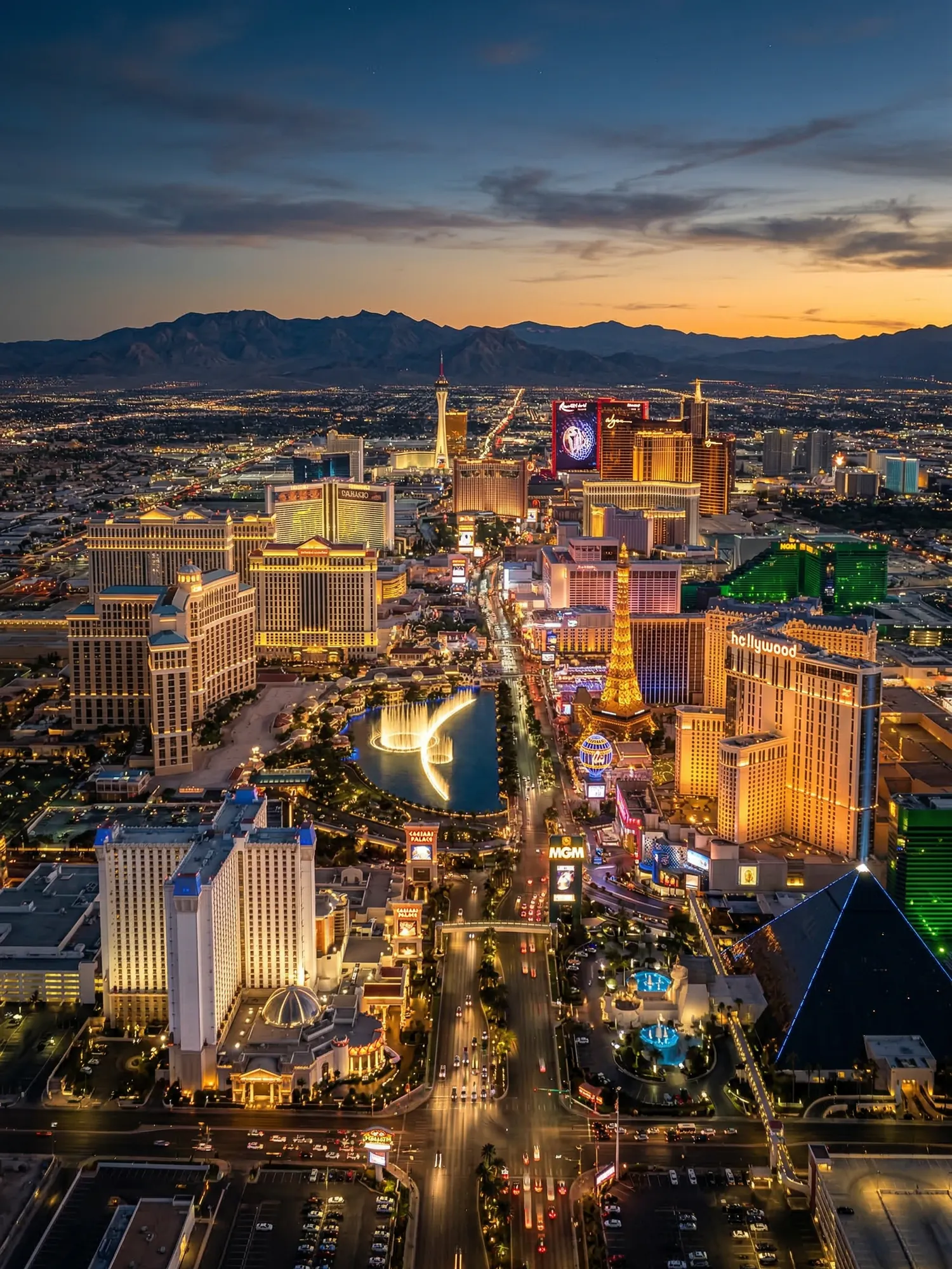 Panoramic aerial view of Las Vegas skyline at golden hour