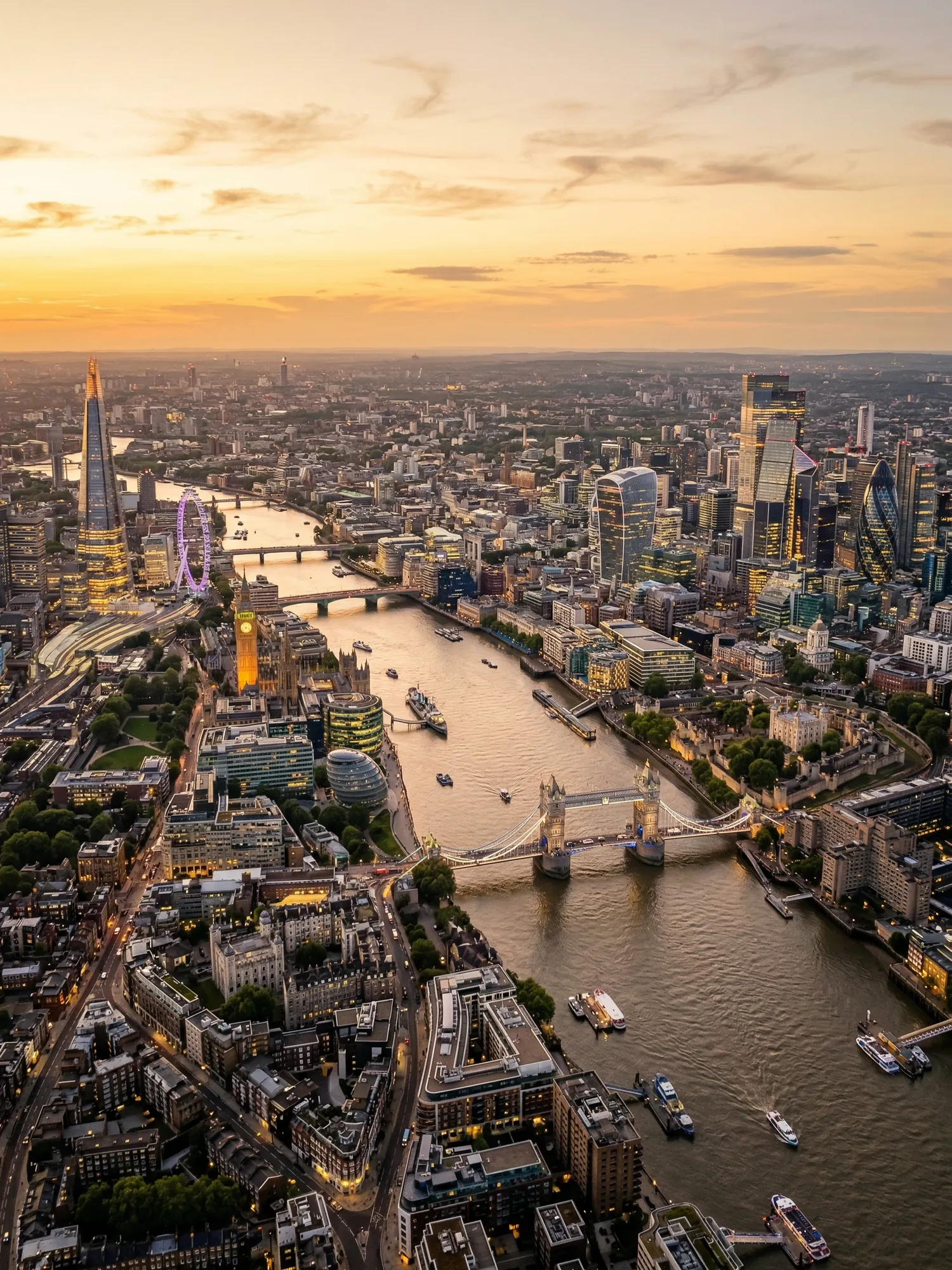 Panoramic aerial view of London skyline at golden hour