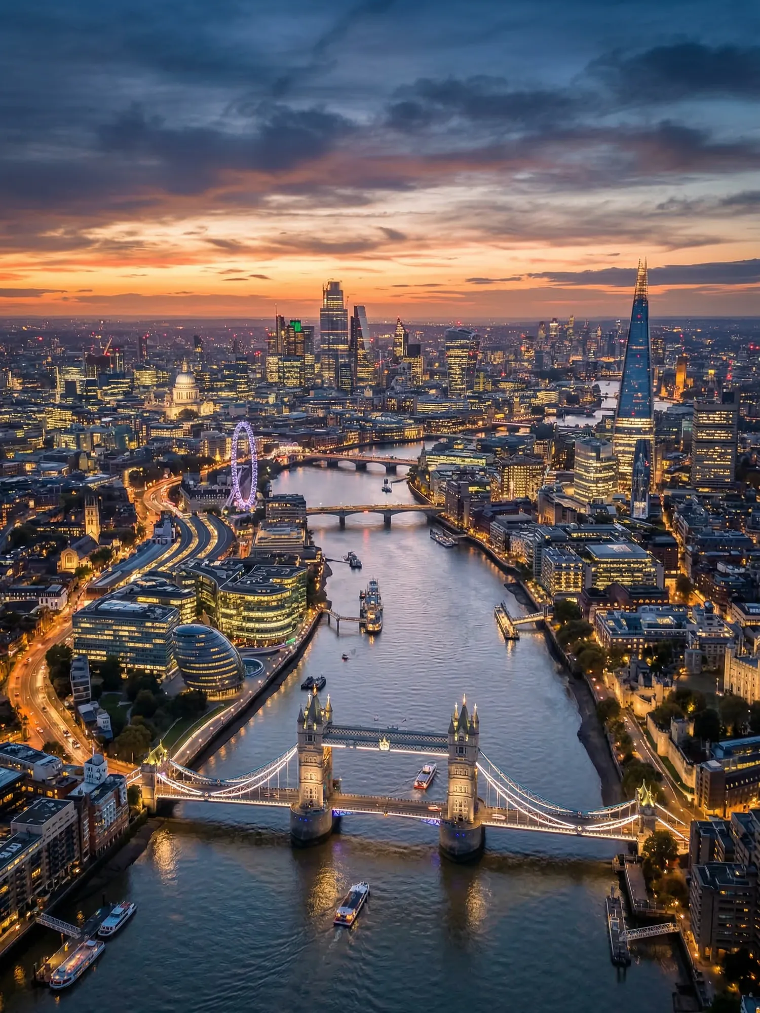 Panoramic aerial view of London skyline at golden hour