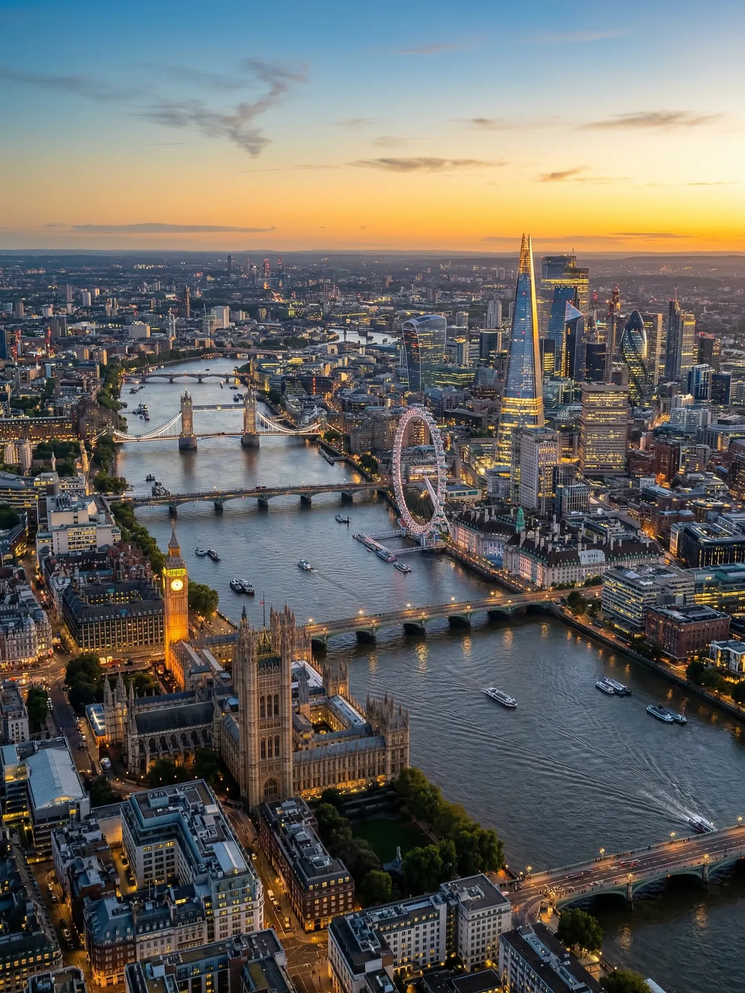 Panoramic aerial view of London skyline at golden hour