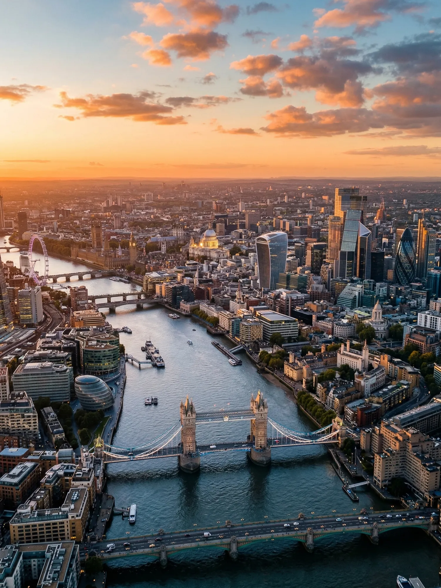 Panoramic aerial view of London skyline at golden hour
