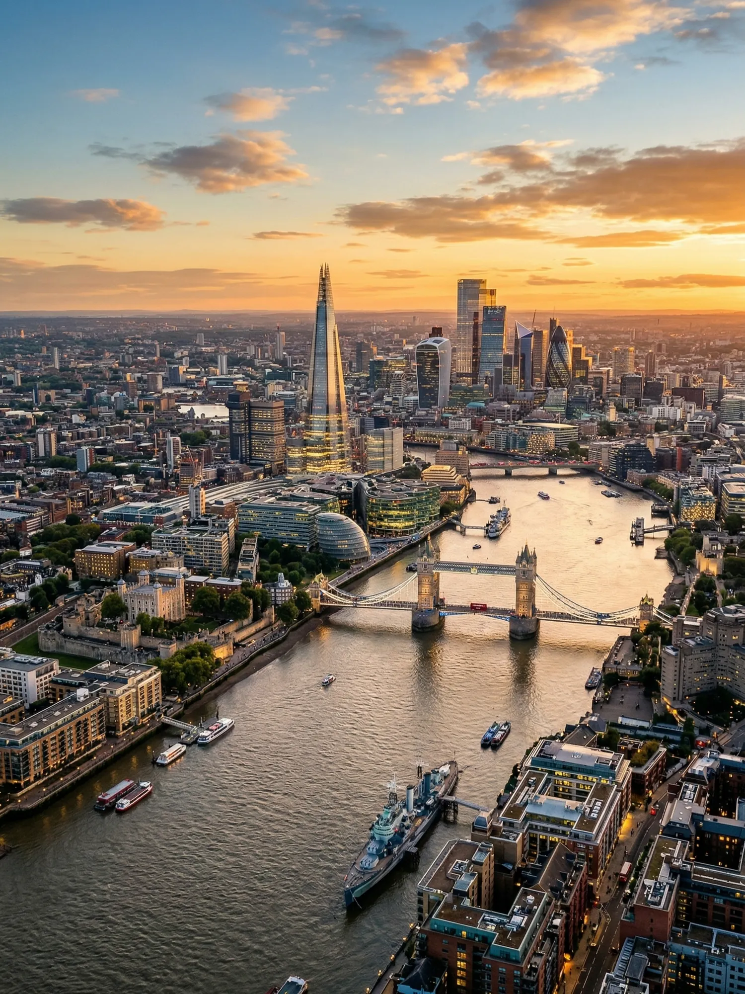 Panoramic aerial view of London skyline at golden hour