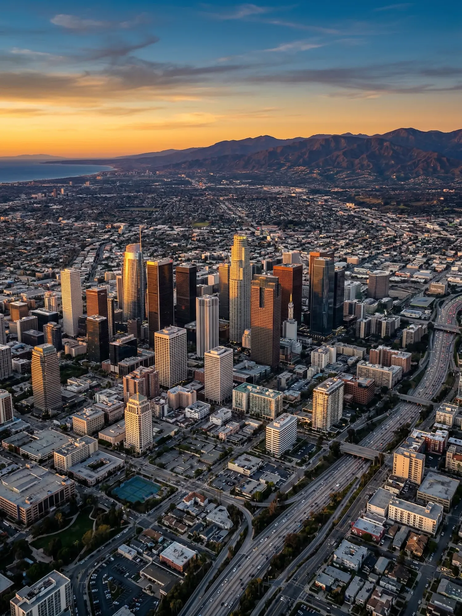 Panoramic aerial view of Los Angeles skyline at golden hour