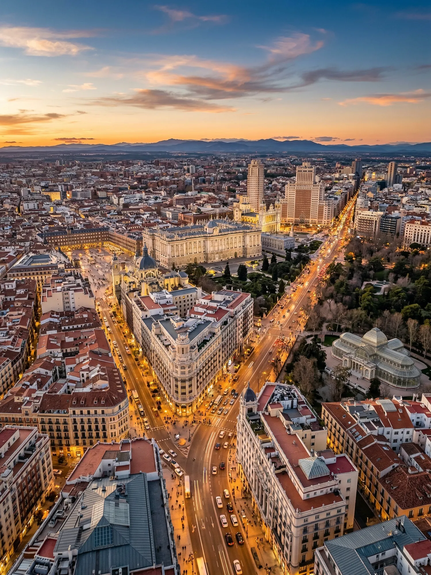 Panoramic aerial view of Madrid skyline at golden hour