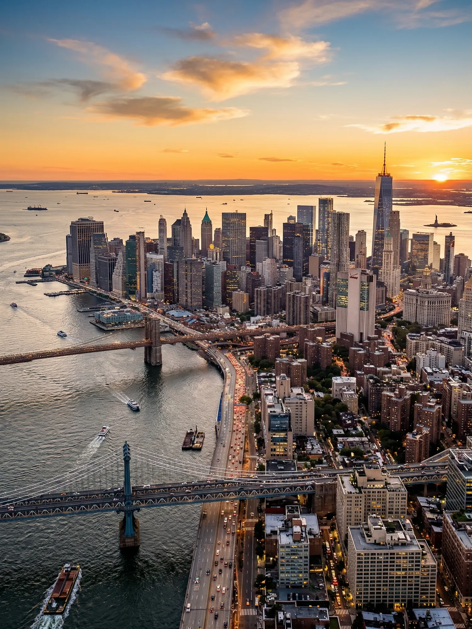 Panoramic aerial view of New York skyline at golden hour