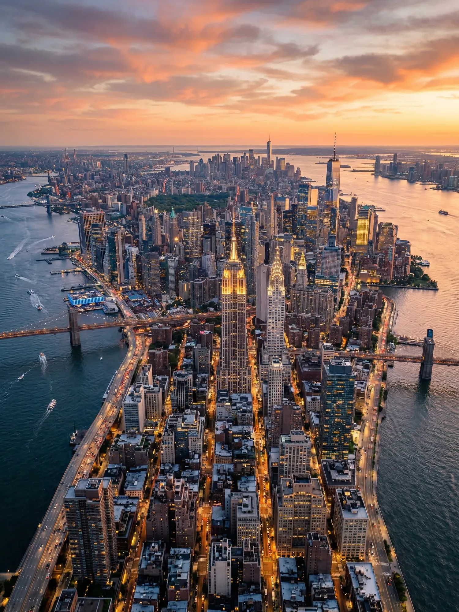 Panoramic aerial view of New York skyline at golden hour