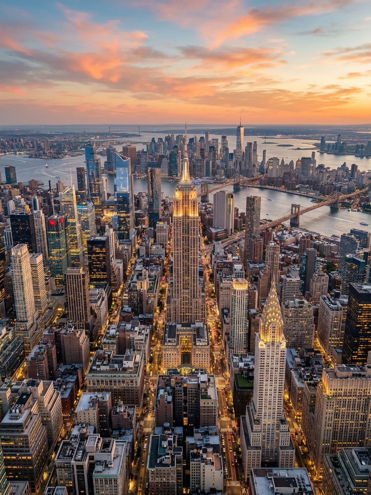Panoramic aerial view of New York skyline at golden hour